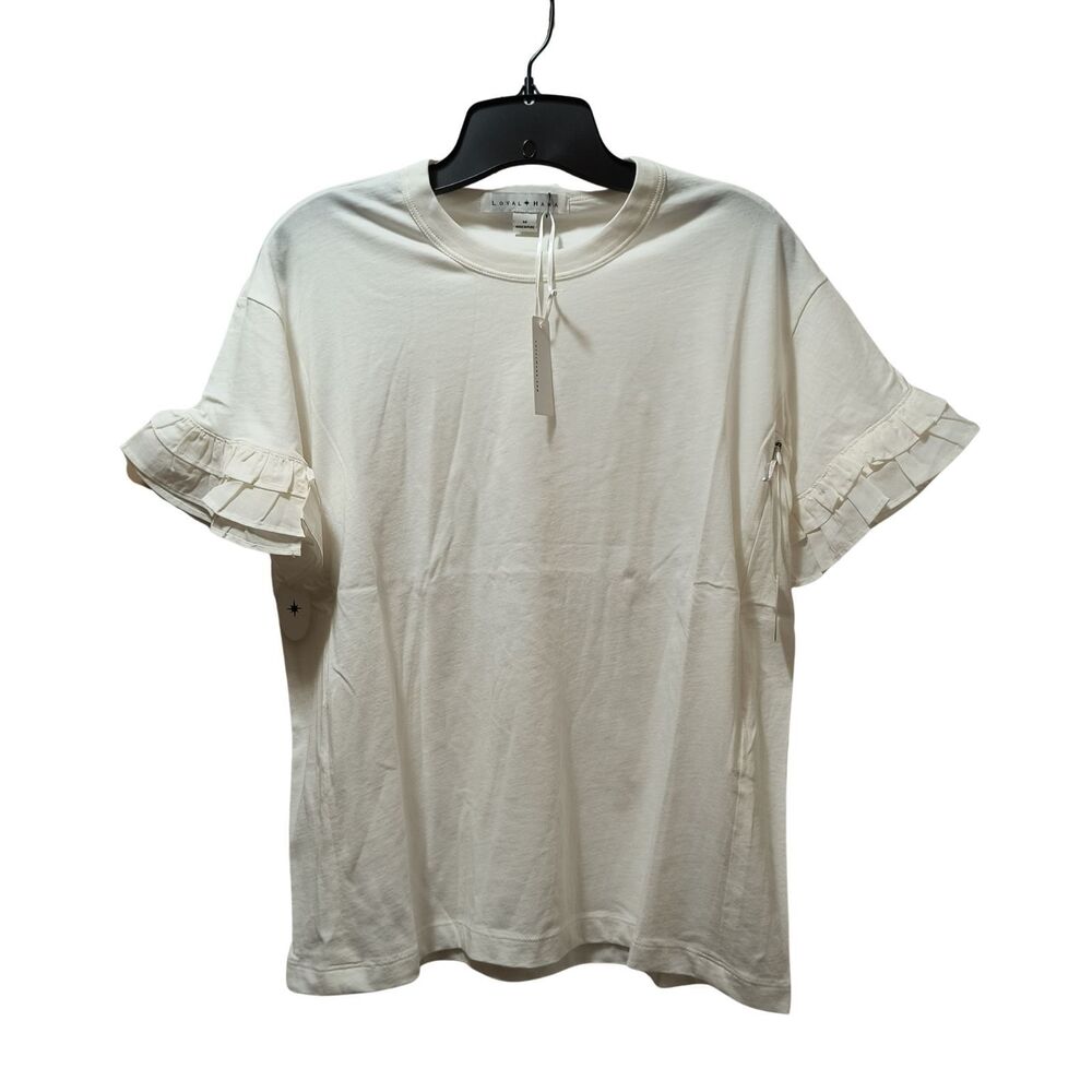 Loyal Hana Joey Ruffle Sleeve Maternity Nursing Cotton T-Shirt Medium Ivory NWT